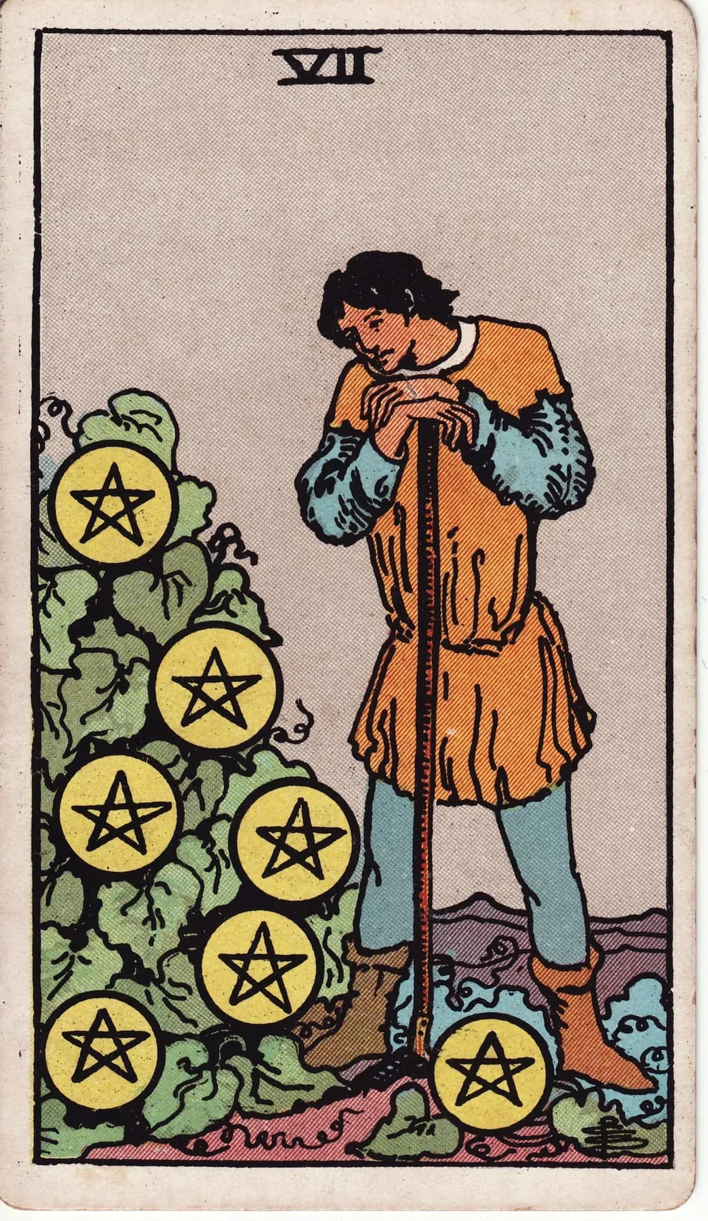 The Seven of Pentacles tarot card