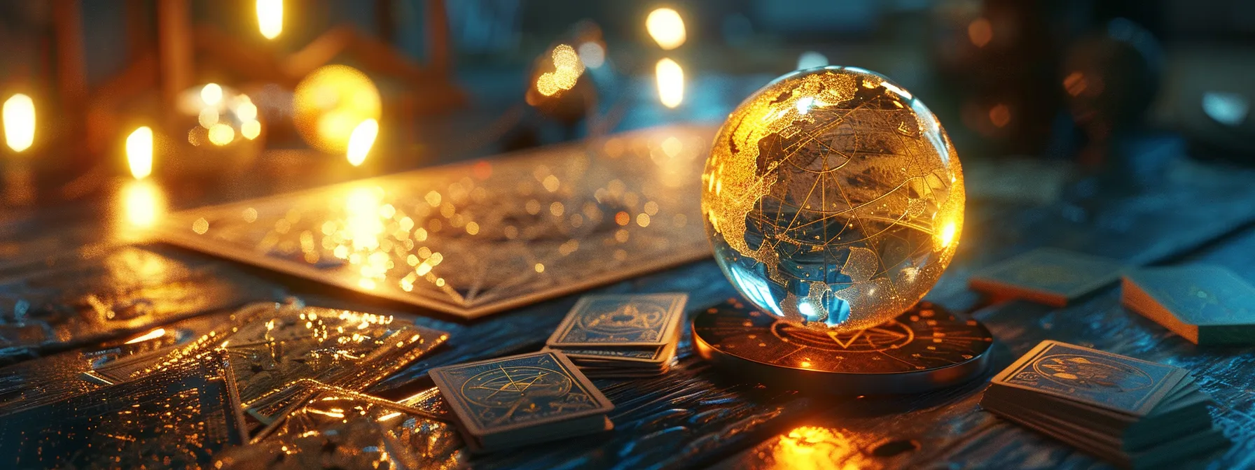 a mystical crystal ball glowing under the moonlight, surrounded by tarot cards and astrological charts.