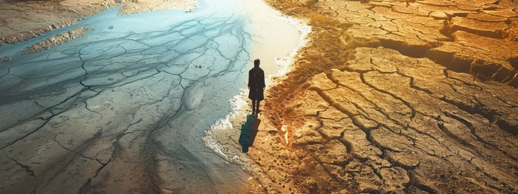 a person standing at a crossroads with one side overflowing with water and the other side dry and barren, symbolizing imbalance and excess as depicted by the reversed temperance card in tarot readings.