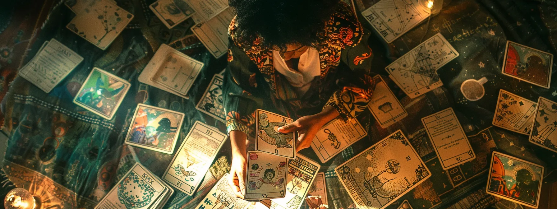 a person surrounded by celestial maps and tarot cards, diving into the depths of self-discovery and personal growth. a person surrounded by celestial maps and tarot cards, diving into the depths of self-discovery and personal growth.