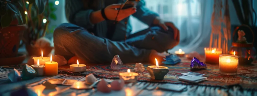 a serene morning scene with a person sitting cross-legged, surrounded by candles, crystals, and a deck of tarot cards, ready to start their day with a powerful tarot reading.