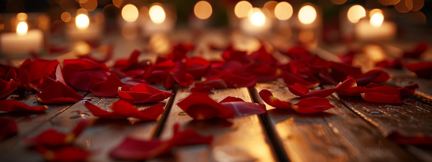 deep red rose petals scattered on a rustic wooden table with soft candlelight glowing in the background.